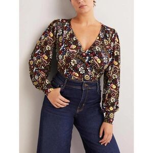 Boden Womens Top Wrap Blouson Blouse UK 10 US 6 Multicolor V-Neck T1106 NWT